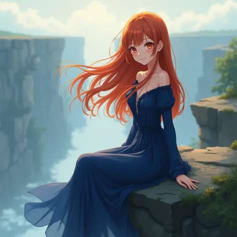 anime woman with long, bright ginger hair sits gracefully on the edge of a serene cliff, her striking, almost red, brown eyes gazing directly at the viewer. Shes wearing a blue dress.