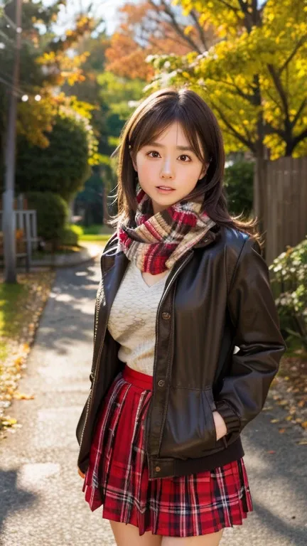 (8k, RAW photo, photorealistic, HQ, masterpiece), a cute Japanese woman, (glowing eyes), 
() , brown hair, medium breasts, (Cute late autumn outfits), (Scarf, jacket, tight long skirt) , blurred background, depth of field, natural lighting, backlighting, f...