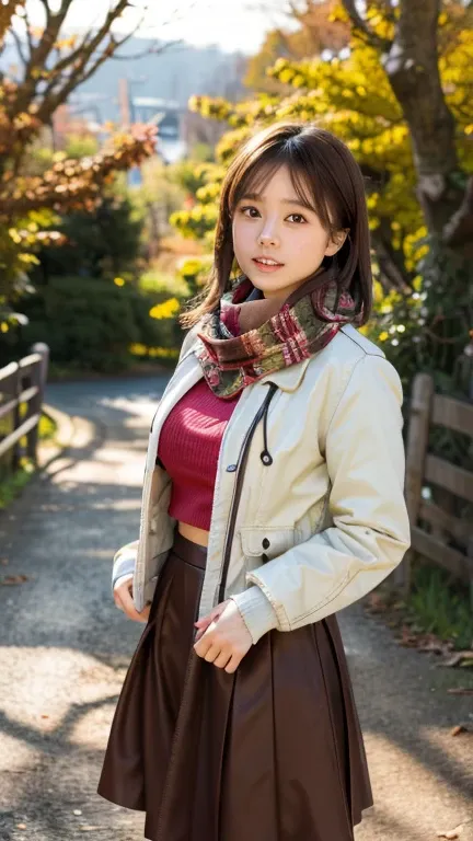 (8k, RAW photo, photorealistic, HQ, masterpiece), a cute Japanese woman, (glowing eyes), 
() , brown hair, medium breasts, (Cute late autumn outfits), (Scarf, jacket, tight long skirt) , blurred background, depth of field, natural lighting, backlighting, f...