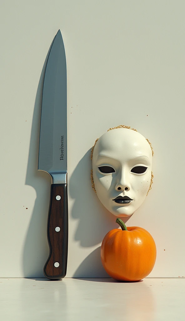 Simple mask ,  very simple with few details ,  with a French theme .  Next to it is a very simple knife without details too. 

 All looking digitally painted , unrealistic. 