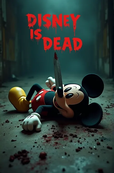 Mickey Mouse laying on the ground with a knife in him in a movie poster format with the title Disney is Dead