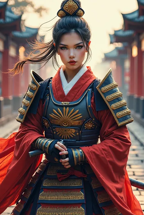 Photorealism, extreme realistic, face and full body facing front, A golden-ratio composition of a beautiful Japanese woman dressed as an oiran, wearing high detail war armor and fighting in battle. The watercolor style emphasizes strong color bleeding, int...