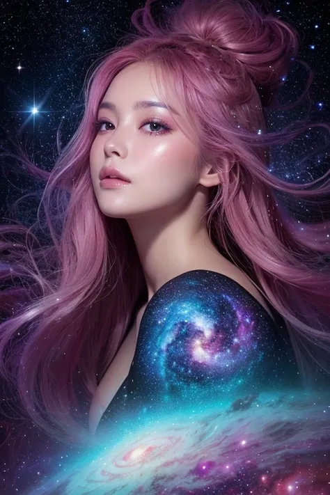 A surreal, cosmic woman whose entire face and body are completely transformed into the colors and textures of deep space, with no human skin tone visible. Her face and body are entirely covered by swirling galaxies, nebulae, and stardust, creating the appe...