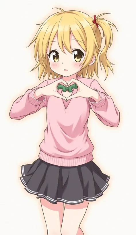 Kagamine Rin, 2D, girl focus,  Make a heart symbol with both hands, Above the knee,  winks