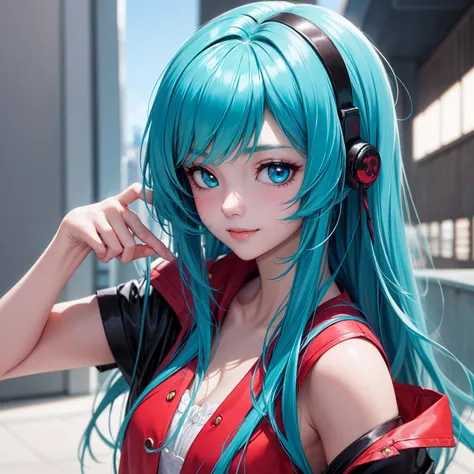 A woman, Long hair a color gradient that goes from a fiery red at the roots to a bright turquoise at the tips. Her eyes are sky blue. Subtle smile,  Chica anime with long hair and blue eyes posing for a picture, attractive Chica anime, imagen anime de una ...