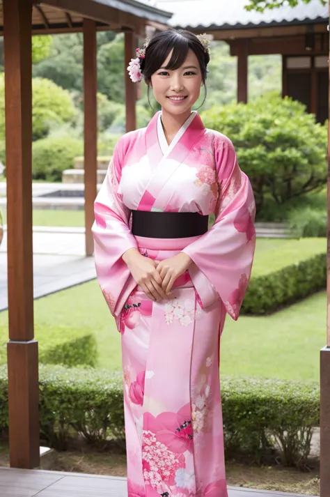 kimono pink, big breasts, whole body, smile,