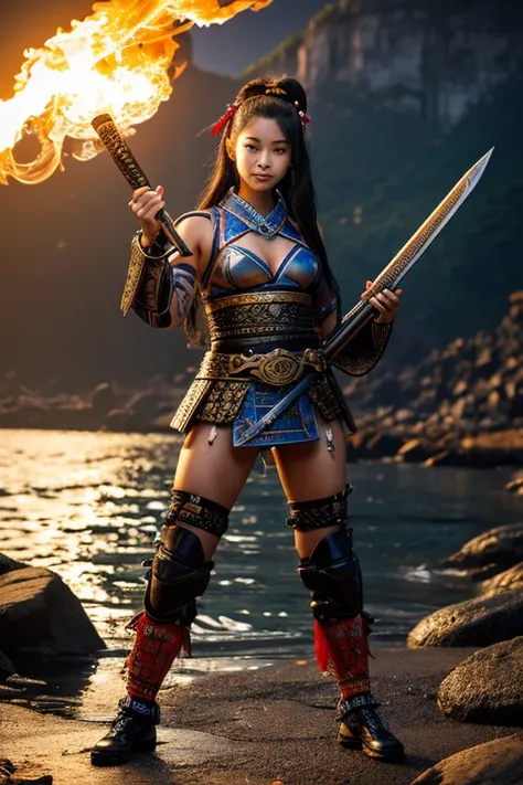 A lovely, young  beautiful, attractive & charming cyberpunk girl, 18yr old, wearing  native japanese facial features, wearin a samurai costume, ( holding treasure samurai sword), casting a torching bolt from hands, super photographic detail, wearing a cybe...