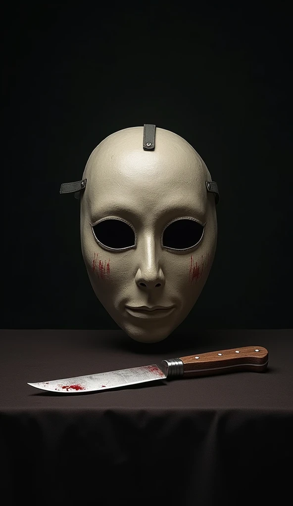 Simple mask ,  very simple with few details ,  with a French theme .  Next to it is a very simple knife without details too. 

 All looking digitally painted , unrealistic. Black background with no details or anything ,  the mask and knife are on a dark ta...