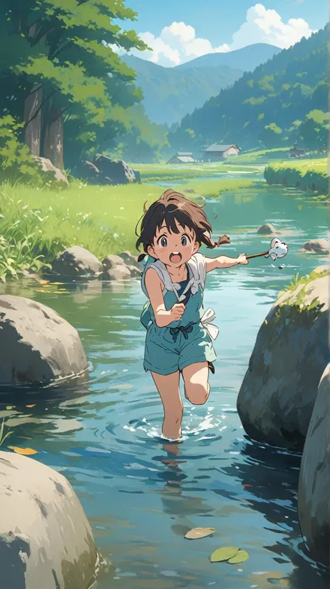  Studio Ghibli style animated film、 movie stills 、Best Quality、masterpiece、Representative works、 OFFICIAL ART、 Professional、Ultra-compact、8k、 Japanese countryside 、Summer vacation、Playing in the river