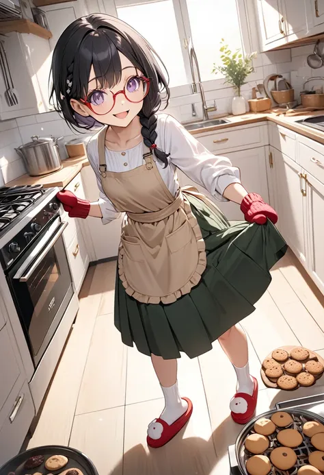 masterpiece, best quality, 8k, ultra detailed, 1 girl, black hair, one braid, purple eyes, small breasts, beige apron, white blouse, dark green kilt long skirt, white socks, cute slippers, cute mittens, thin red frame glasses, kitchen, taking cookies out o...