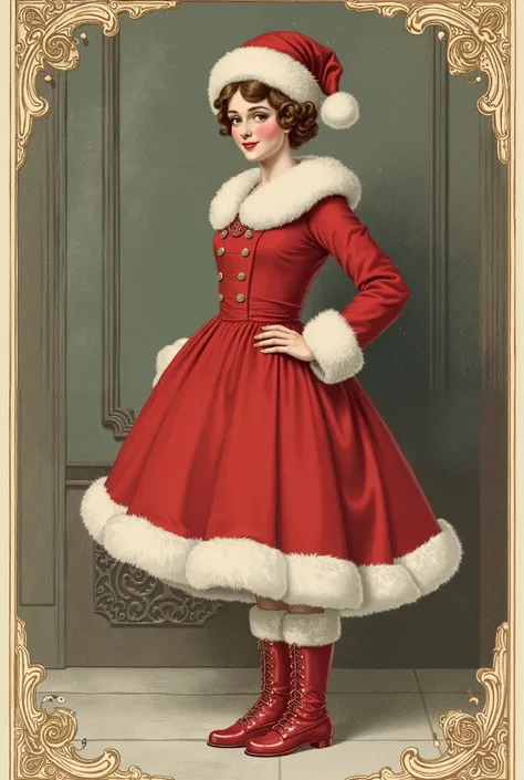 plan large : Vintage engraving style  :  a beautiful French woman dressing up as a smiling Santa Claus