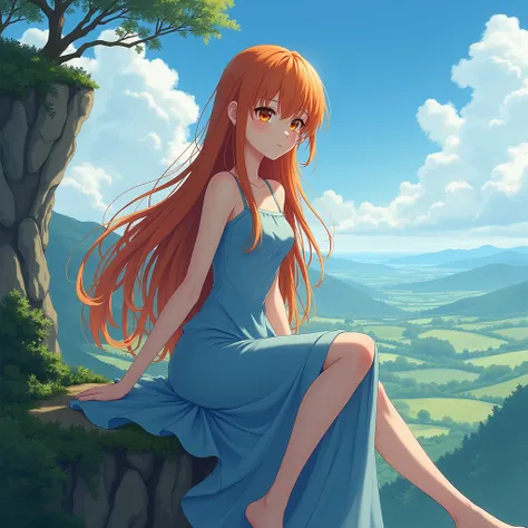 anime woman with long, bright ginger hair sits gracefully on the edge of a serene cliff, her striking, almost red, brown eyes gazing directly at the viewer. Shes wearing a blue normal dress.