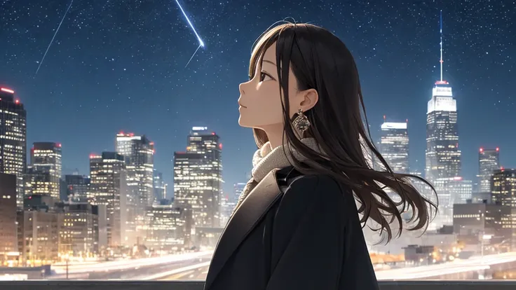 Shiraishi Mei, Looks exactly like Shiraishi Mei, woman looking up at the sky  , ,（(pretty long hair 1 .8)）。One person travel、20th Generation、Right beside･profile（(1.2)）、 so that the light source is blurry 、To see into the distance、Junction、Night view、 Skys...