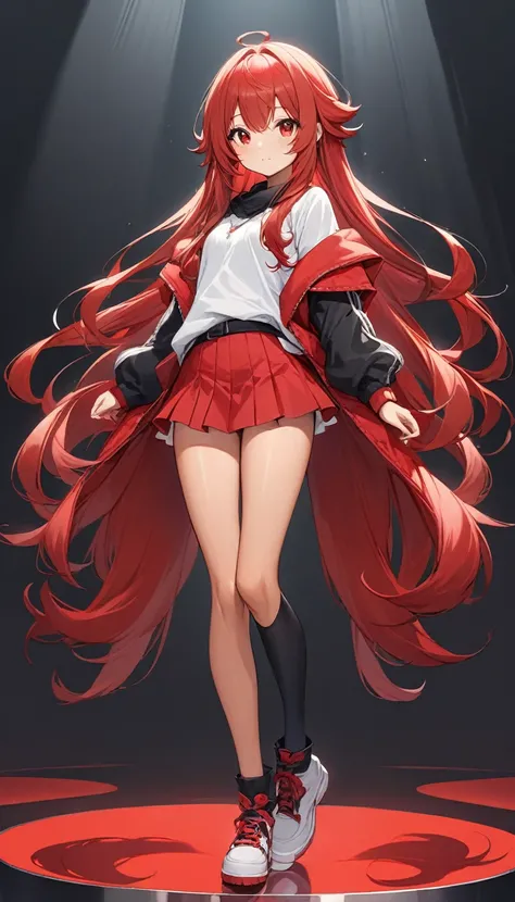 A cute girl of short stature,cute tanned girl with long fluffy red hair 、((Beautiful legs, miniskirt with pants visible ))，(Beautiful red eyes)