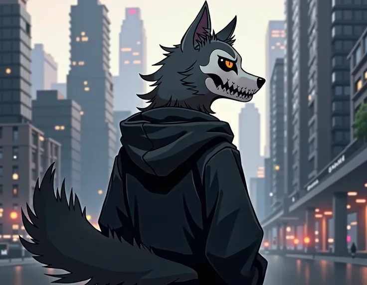 skulldog, skull face, anthro, male, solo, clothing, gray fur, black clothing, hoodie, black topwear, lidded eyes, black hoodie, modern city background, black fur, white face. looking into distance, orange eyes, back view, fluffy black tail, pants, no teeth