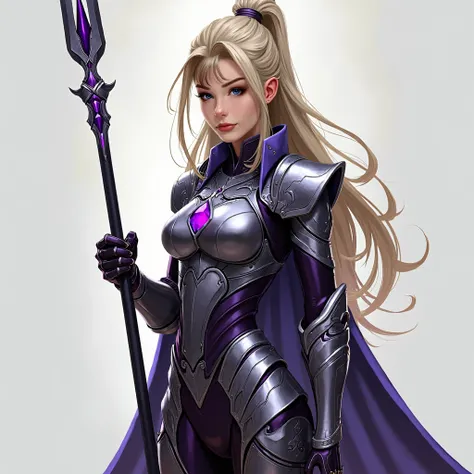 Armadura de guerrera estilo asiático: "Create an image of a young woman in a form-fitting, sleek, Asian-inspired warrior armor. The armor is composed of dark purple and silver elements, tightly fitted to her body with intricate designs on the chest, arms, ...