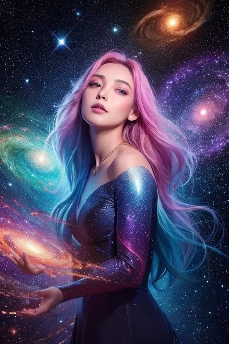 A surreal, ethereal woman whose entire face and body are fully integrated with the colors, textures, and light of deep space, with no trace of human skin tones. Her facial features and body contours are composed entirely of swirling galaxies, vibrant nebul...