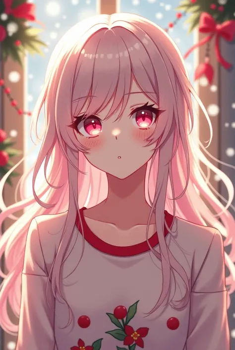 Anime cute man long hair white pink eyes cute christmas shirt
