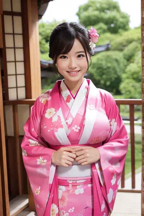 kimono pink, big breasts, whole body, smile,