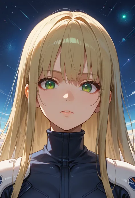 close shot, anime girl, straight view, beautiful nose, no nose shadows and light, looking at viewer, wearing space suit, space dress, looking at viewer, portrait mode, smily face, anime girl, solo girl, solo, long hairs, green color hairs, anime style eyes...