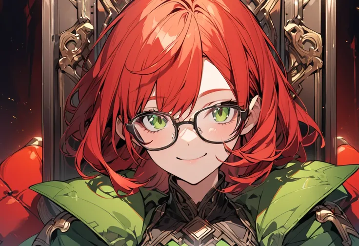  close-up ,  upper body . Short,  red hair,  background,  glasses with metal frame ,  green strapless dress, smiling girl sitting on a throne