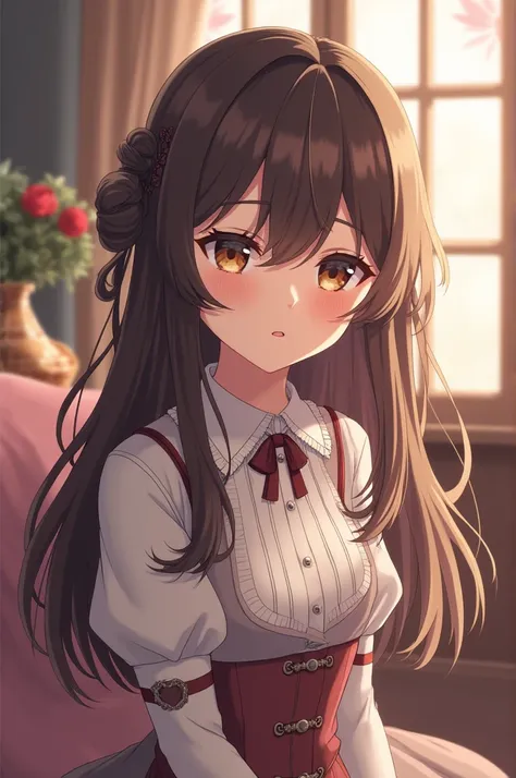  An anime-style character Violet Evergarden.
traits, small mouth and nose ,  big brown eyes .
 dark brown hair, curly and long,  tied in a half-loose bun .
Outfit:  vintage clothing
Pastel colors  