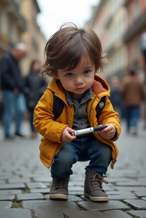 Un jeune enfant qui trouve une cigarette puff dans la rue. Présente le moi comme une photographie 
