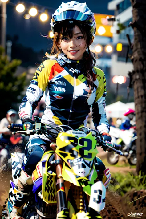 yamaha wr250, motocross race, cute female racer, brown skin, abs , night riding,