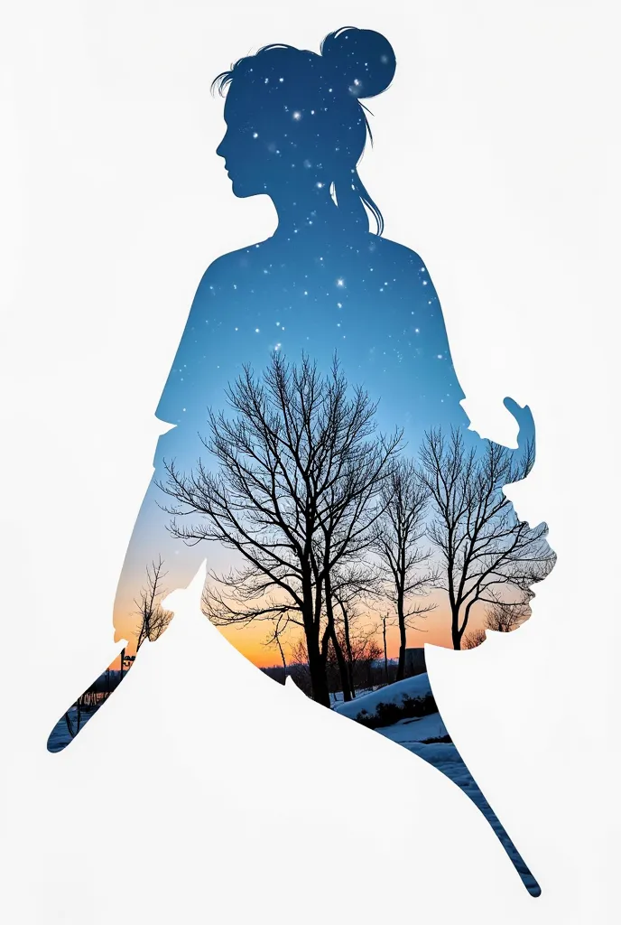 high quality, 8k ultra hd, a beautiful double exposure that combines an goddess silhouette, there's a serene winter scene depict...