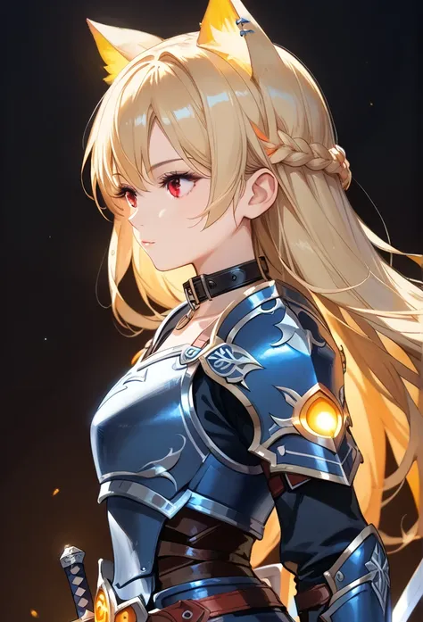  score_9,  score_8_up,  score_7_up, upscale 2x,(Side view,  A beautiful blonde woman with red eyes and cat ears , Black collar,  wears dark blue armor with orange glowing details,  has the pattern of the rune sword 、 point the sword down , The sword is blu...