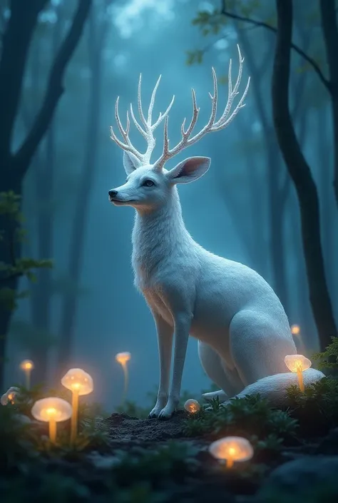 A glowing, enchanted forest at dusk with bioluminescent flowers, mist, and a mystical creature – like a crystalline fox or a deer with tree-like antlers – gazing out in a tranquil, otherworldly atmosphere.