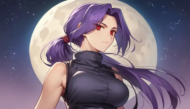  score_9,  score_8_up,  score_7_up, One Girl, Hirokazu Koyama ,sexy, pixel perfect,Large Breasts,  anatomically correct,  masterpiece,Very sophisticated ,8k,(Fits the body,Rider Suit, sleeveless,),, Red eyes, ( Long Hair,  Purple Hair, Center-parted bangs,...