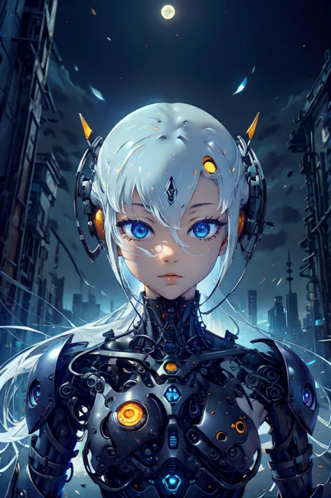 cg mecha、beautiful eyes、upper body、woman、（（whole body image））、portrait、robot、white orange armor、neon、8k、born、highest image quali...