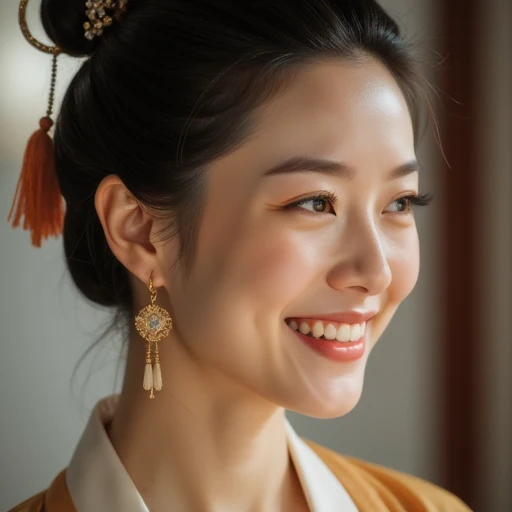  Hi-Res,  earrings for a woman alone,  focus from high detail ,  High Quality ,  textured skin,  happiness/joy,  Bright Eyes , 360° Field of View, Qing Dynasty、Chinese court 、Noble Consort 、 Classic Hair Style