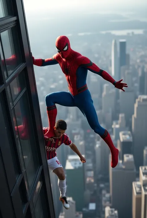 Spider-Man protects Ronaldo from falling from the top of a building