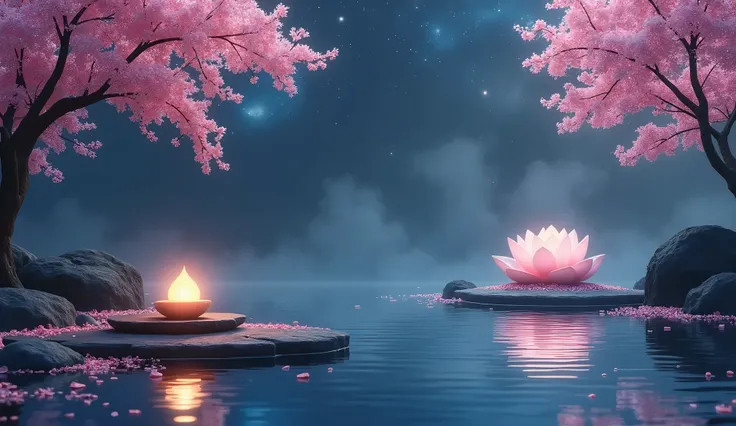  A well-balanced stone floats next to a gentle small waterfall on a calm surface of water、Create an enchanting Zen garden scene。.  Place a glowing candle on a platform of stones floating on the surface of the water 、Surrounded by vibrant cherry blossom pet...