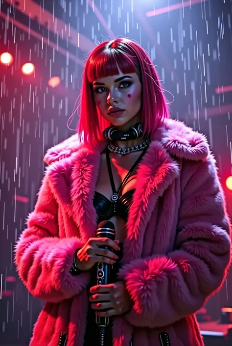 Medium shot, ultra-realistic, photorealistic, dramatic scene, shadow, global-illumination, solo, Girl、fog、 rain, wet, cyberpunk, metal body, body of steel, luminescent neon pink fur、monochrome、pink fur jacket、hyperrealistic, neon, made up, cybernetic cybor...