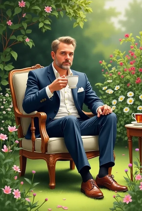  A drawing of a man seating in garden and drinking tea.  In home garden seating on a chair
Color should be with pencils 
