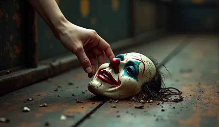 A clown mask on the circus floor. And a hand picking her up from the floor 