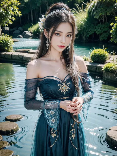 "Graceful sorceress dressed in an elegant, flowing blue traditional gown with transparent, delicate sleeves, performing water magic, swirling streams of water around her hands, dynamic and fluid motion of the water, serene and focused expression, long hair...