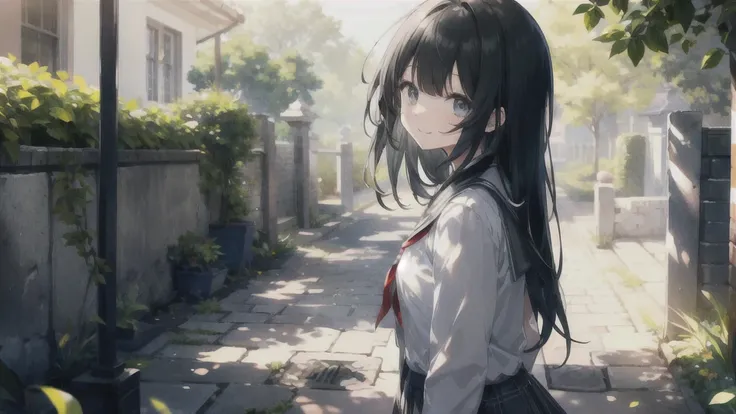 ((Alone:1.2)),cute girl talking with her boyfriend in garden,  high school uniform ,frOm side lOOking up,cObblestOne pavement, Long Hair, Black Hair, Green-gray eyes(),(  mottled sunlights :1.2),Blur,(depth Of field:1.1), smile, 