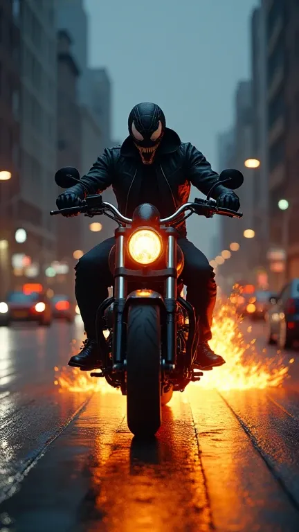  he creates an image of a scene of a city in the dark with few lights in the buildings,  on the street you can see Venom imposing and with his diabolical gesture ,  he drives a motorcycle with fire tires ,  an image worthy of an action movie , realistic st...