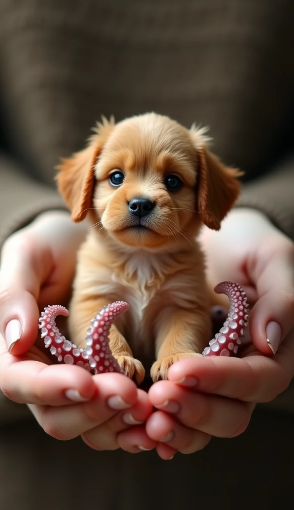 Puppy with octopus tentacles "A tiny puppy with little octopus tentacles for paws, sitting in the palm of a hand. Its fur is fluffy and brown, and the tentacles move gently, with tiny suction cups that allow it to cling delicately. It looks upward with ado...