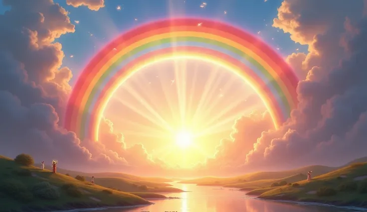 5.	 The first appearance of the rainbow in the sky after the Flood, a symbol of peace and divine promise .in biblical times . criar em esilo close up e Disney, Pixar e cartoon