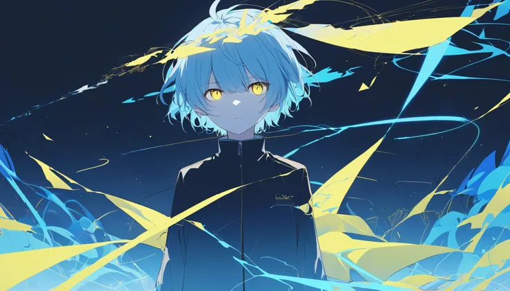 anime, yellow dragon eyes, light blue hair, cool, music cover concept, young, androginous, utaite album cover, dark theme, black light blue, dim light, cinematic, tetric, stylized, short hair, male clothes, cute
