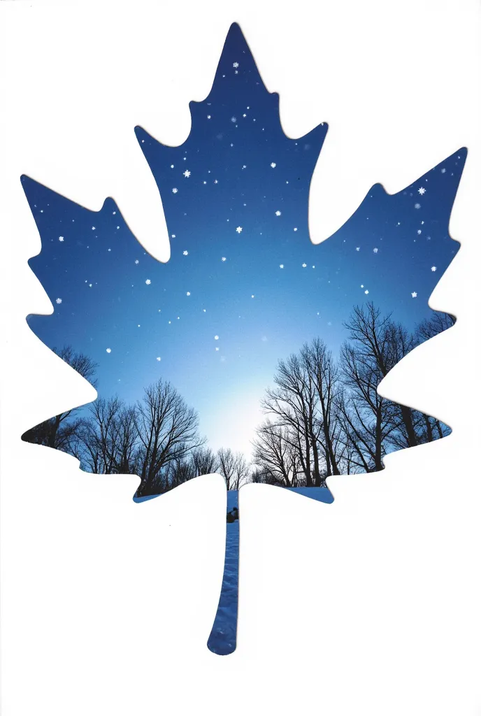 an artistic representation of a blue maple leaf. within the leaf's silhouette, there's a serene winter scene depicted. this scen...