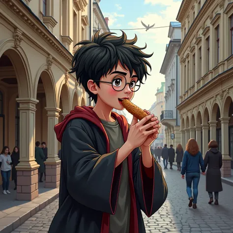 T-shirt print with transparent background - Harry Potter eats a shawarma kebab on a baroque street in St. Petersburg, realism
 