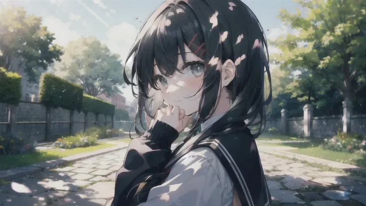 ((Alone:1.2)),cute girl talking with her boyfriend in garden,  high school uniform ,frOm side lOOking up,cObblestOne pavement, Long Hair, Black Hair, Green-gray eyes(),(  mottled sunlights :1.2),Blur,(depth Of field:1.1),  Blushing , 