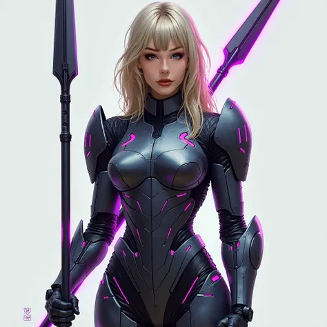 "A full-body portrait of a young woman in a sleek, body-hugging semifuturistic combat armor, designed to enhance both strength and agility. The armor is crafted from advanced metallic materials, with a mix of dark steel and deep purple accents, forming a c...