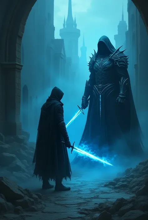 Create an intense fantasy scene of a hooded warrior standing before a massive, imposing figure in an ancient, crumbling castle. The warrior holds a glowing, ice-blue sword, its blade radiating energy. The dark figure in front is tall and menacing, shrouded...